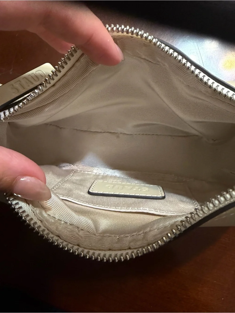 STAUD Cream Shoulder Bag with Curved Silhouette